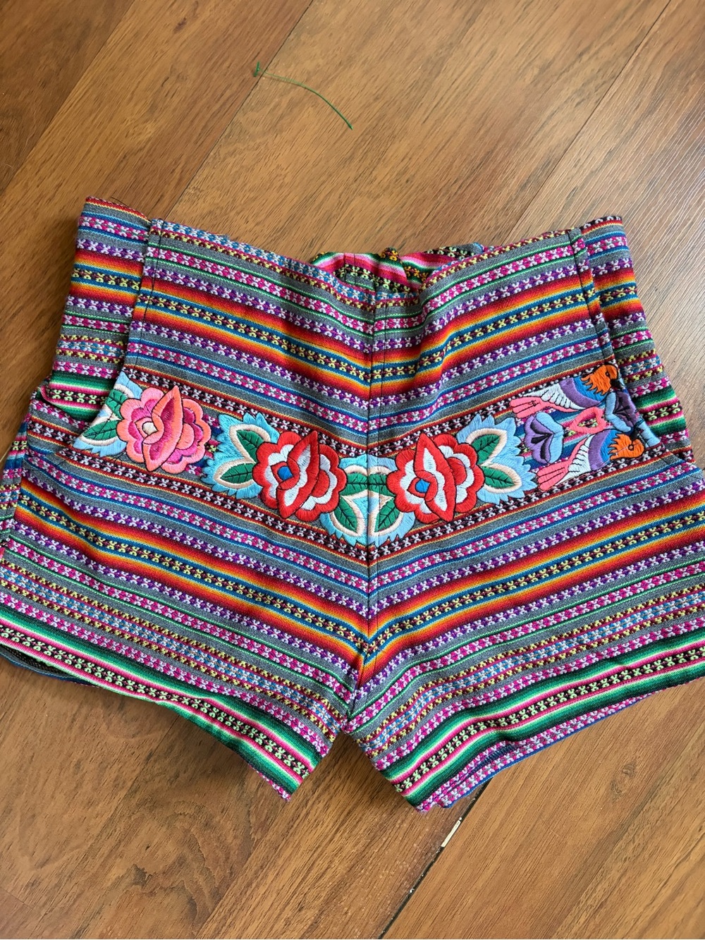 Peruvian woven shorts embroidered floral boho striped